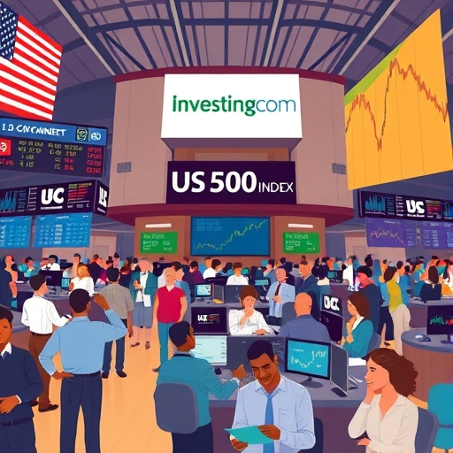繁忙股票交易所地板插圖，多樣投資者注視螢幕顯示股票圖表與美國500指數，大型數位看板展現如Investing.com的公司標誌，數據流動的場景