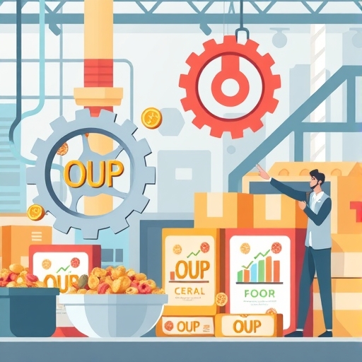 穀物工廠插圖顯示齒輪順暢運轉，代表供應鏈優化，新穀物盒子展現多元成分，象徵產品創新，分析師指向上漲財務圖表，生動適應場景