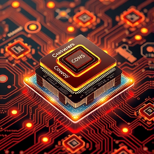 An illustration of a complex CoWoS chip package with multiple layers of CPU GPU and HBM memory interconnected by glowing circuits symbolizing high performance and advanced packaging technology amidst a supply chain graphic