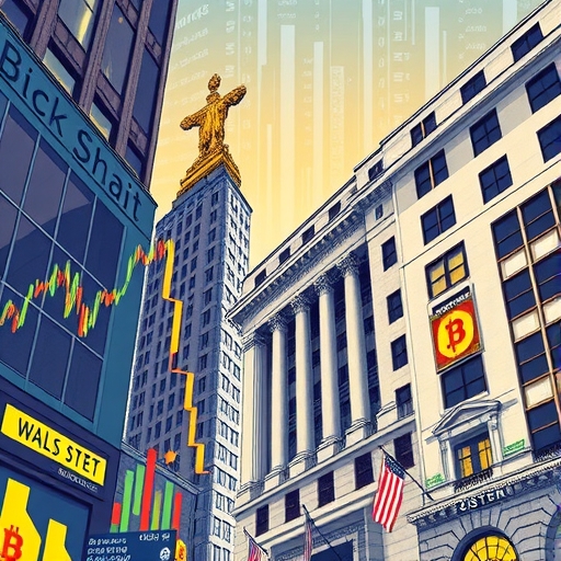 複雜數位市場插圖：比特幣價格走低與華爾街區塊鏈整合的雙重趨勢