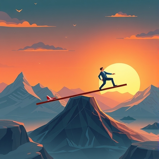 複雜金融市場的插圖,平衡強勁股市反彈與潛在風險,投資人航行於雙重景觀