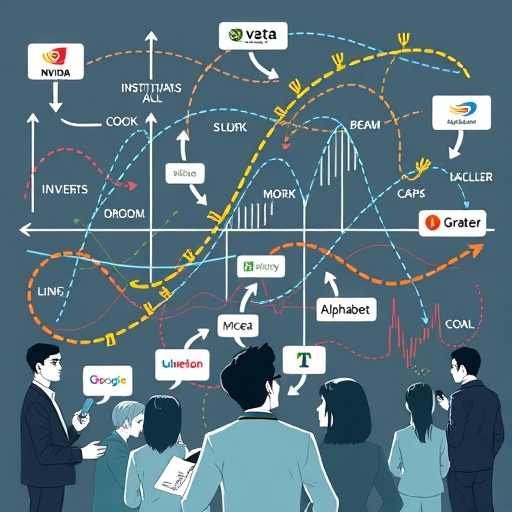 An illustration of a complex financial market with graphs, arrows, and diverse investors representing institutional actions, insider moves, and analyst perspectives on companies like Nvidia, Lululemon, Meta, and Alphabet