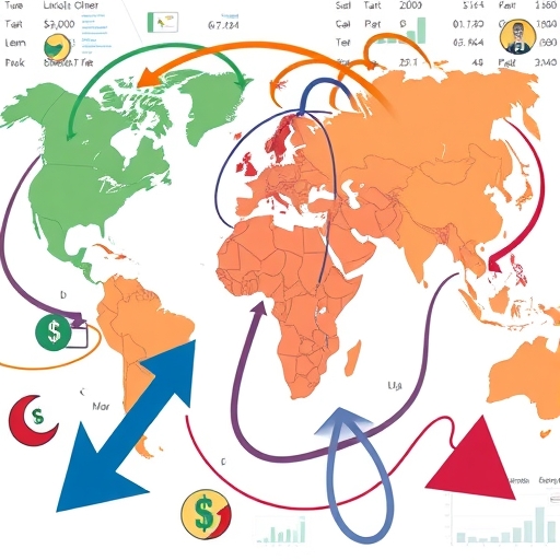 An illustration of a complex global financial market with intertwined arrows representing currency policies stock market movements and investor decisions a challenging environment for investment