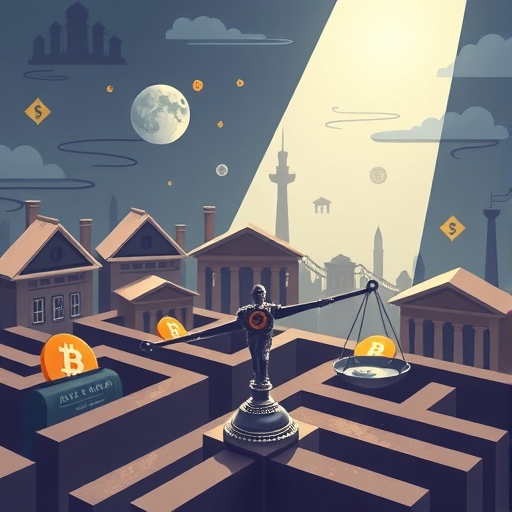 加密貨幣監管複雜迷宮插圖，平衡創新與風險控制，傳統金融建築背景