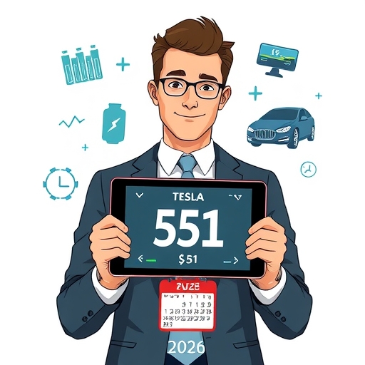 自信金融分析師展示特斯拉股價目標551美元平板，周圍環繞AI晶片、儲能電池與自動駕駛圖標及2026年曆