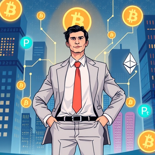 自信金融領袖於數位城市中與比特幣以太坊及DeFi RWA圖標共存象徵機構成長與鏈上創新