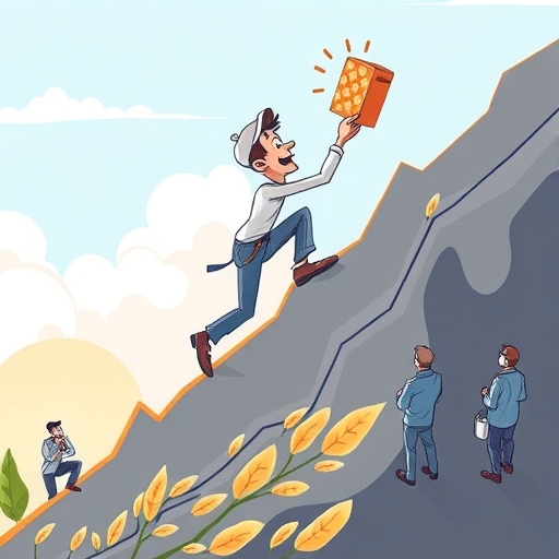 一位堅定的穀物製造商角色爬上陡峭的市場上漲圖表線，背景投資者和分析師專注觀望，象徵希望與創新