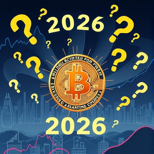 比特幣2026年不確定性插圖，數位比特幣幣周圍環繞問號與經濟圖表，背景為未來城市