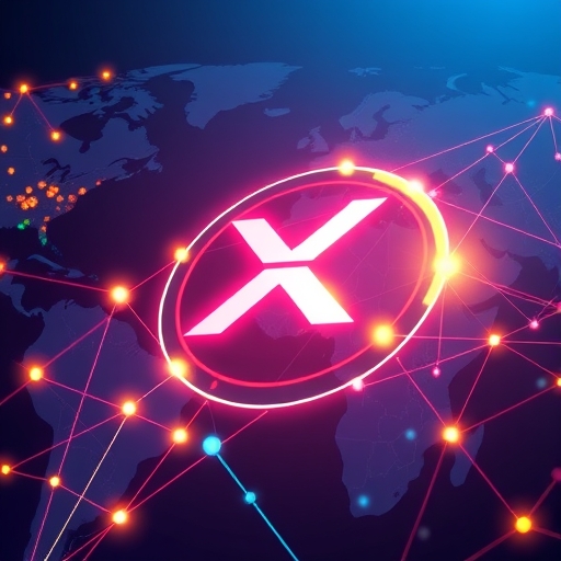 An illustration of a digital currency XRP glowing with potential in a global payment network connecting various countries and financial institutions representing digital transformation and cross border payments