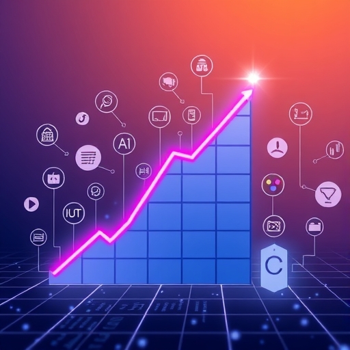 An illustration of a digital market chart showing upward trends with various technology icons like AI IoT 5G surrounding it symbolizing semiconductor market growth and future trillion dollar scale