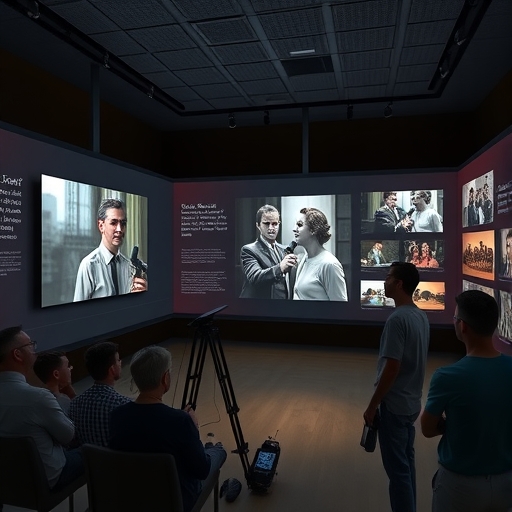 數位博物館式體驗，經典電影場景旁邊配以專家評論、檔案照片與模擬歷史訪談，觀眾積極學習