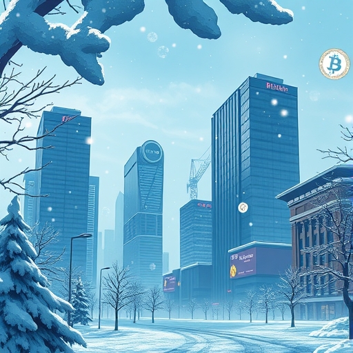數位寒冬景觀中飄落的比特幣雪花與未來金融建築代表穩健基礎與機構參與