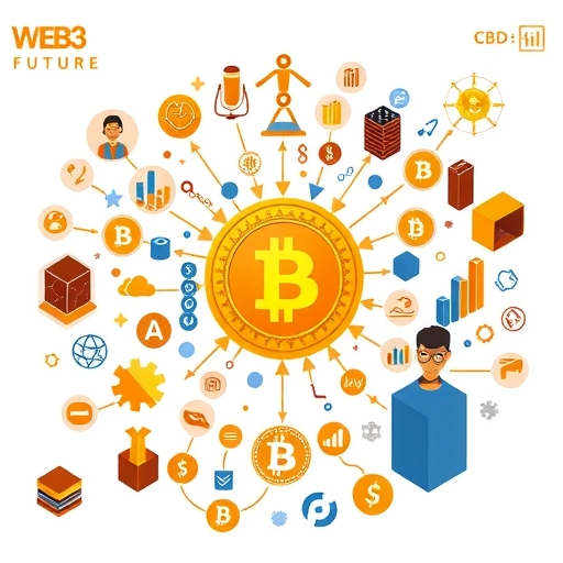 加密貨幣與區塊鏈網絡的多元生態系統插圖，展示機構投資者與數位資產互動，以及供應鏈、醫療等行業應用與央行數位貨幣的Web3未來