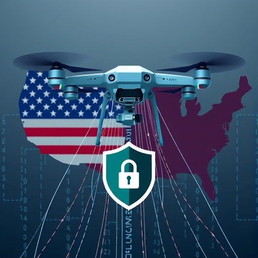 無人機資料流向國旗輪廓的插圖,象徵國家安全與資料隱私隱憂