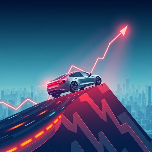 特斯拉股價上漲趨勢圖表，頂端有未來電動車象徵創新領導力與機器人計程車及<a href=