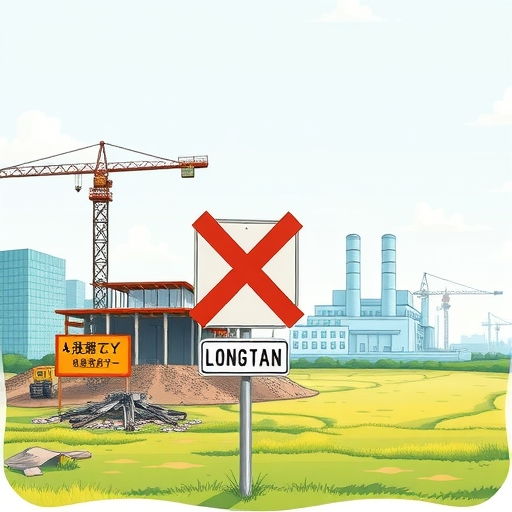 An illustration of a failed construction project site with a red cross over a sign indicating Longtan and a new vibrant factory blueprint emerging in a green field representing Chiayi