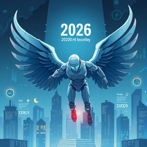 科技墜落天使插圖，一個機器人翅膀斷裂下降向城市景觀，象徵市場低迷但有復甦潛力，背景有2026年曆和財務圖表