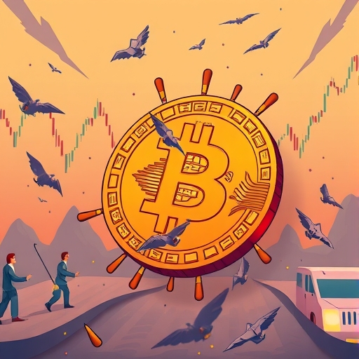 比特幣價格下跌至90,000美元關卡的插圖,背景有擔憂投資者和波動市場圖表