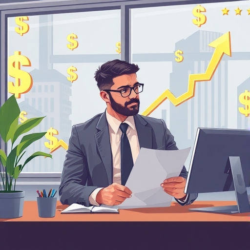 金融分析師在現代辦公室觀察圖表，伴隨著錢幣符號和成長箭頭，周圍環繞股息股票，象徵被動收入與財富累積的自信氛圍