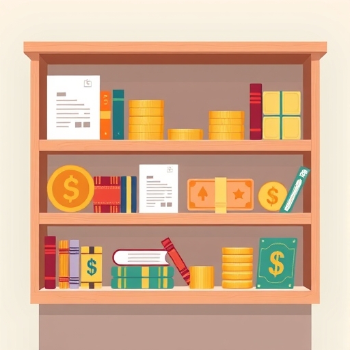 財務儲架插圖,展示各種證券如股票、債券和認股權證整齊排列,代表靈活資本募集用於動態區塊鏈產業