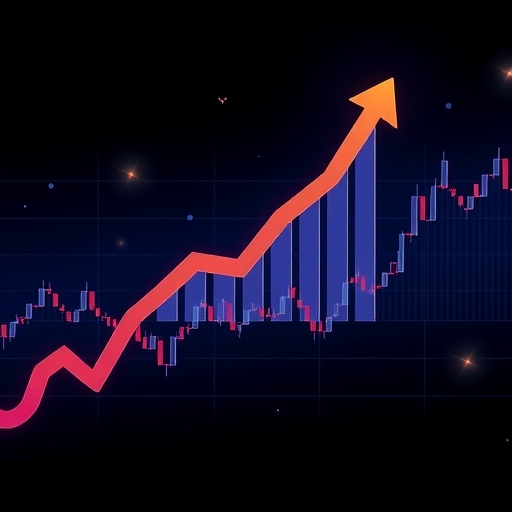 波動加密貨幣圖表插圖,上升交易量柱狀與向上箭頭象徵 Aptos 市場漲勢與累積