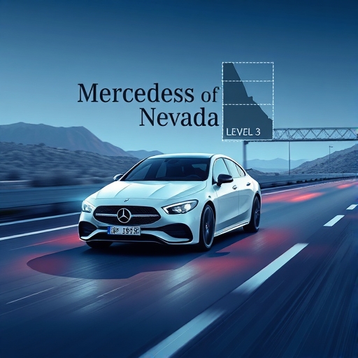 未來賓士車輛在高速公路上自動駕駛，顯示內華達州Level 3認證的數位疊加層