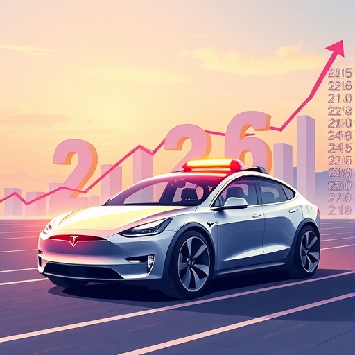 未來特斯拉電動車轉型為機器人計程車的科幻圖像，背景有上升股價走勢與2026年標誌