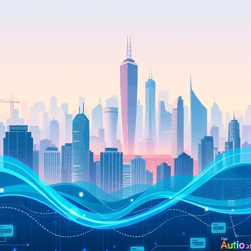 2026年科技進步與社會轉型的未來城市景觀插圖，展示數位波浪與資料流動