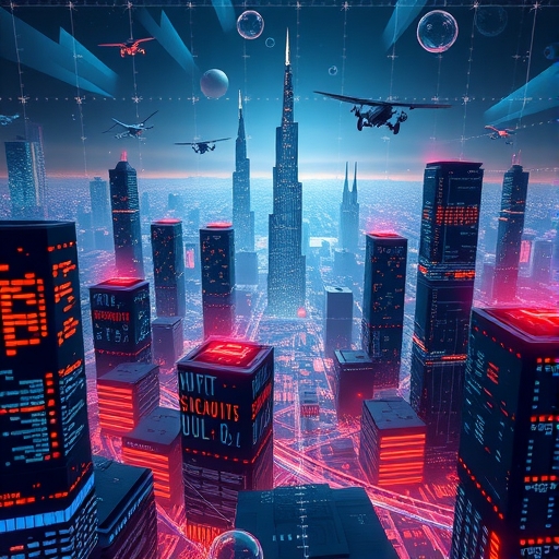An illustration of a futuristic cityscape with glowing data centers and network lines connecting various devices representing AI technology explosion and semiconductor industry growth