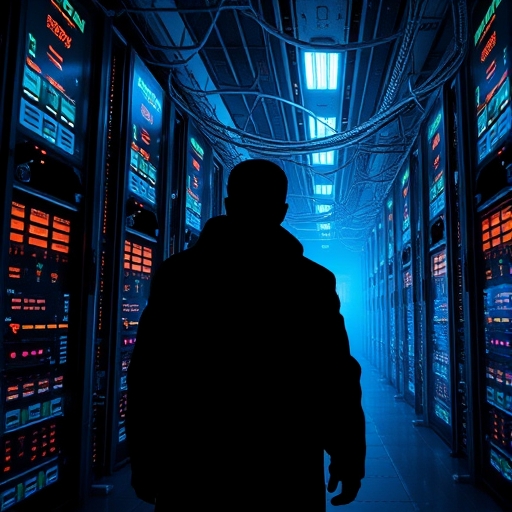 未來資料中心插圖，顯示發光伺服器與網路線索，一位陰影中的工程師身影代表AI軍備競賽中的關鍵角色