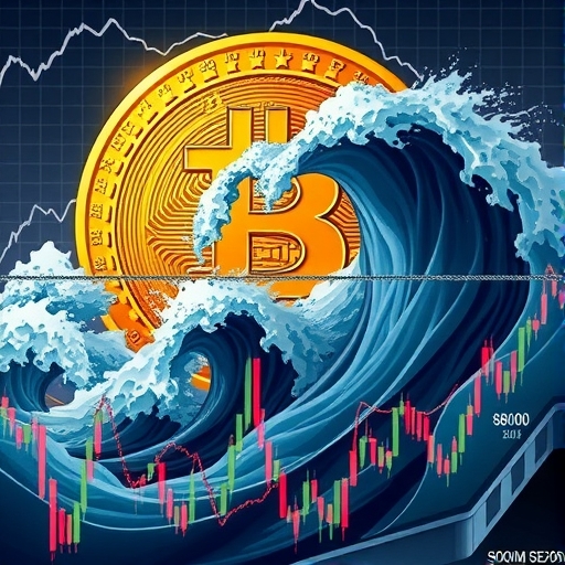 An illustration of a giant Bitcoin attempting to break through an 85000 dollar barrier a huge wave of liquidations crashing down on traders