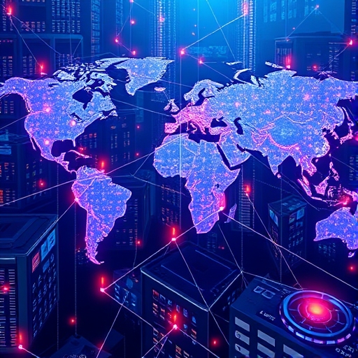 全球互聯資料中心網路插圖，能量在之間流動，代表先進AI技術如大型語言模型所需的海量運算能力