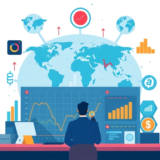 全球股市儀表板圖示，顯示上漲與下跌趨勢，周圍環繞科技創新、地緣政治地圖與經濟指標，背景為風格化世界地圖，一位投資者分析數據的插圖