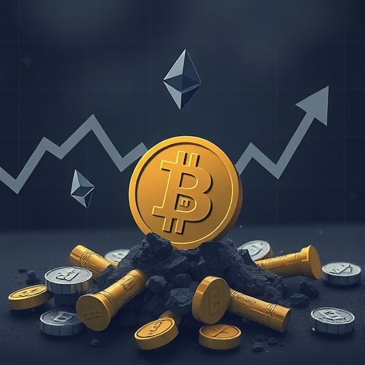 加密貨幣市場低迷插圖,顯示比特幣掙扎於下行箭頭中,周圍環繞著以太坊、Solana和Cardano等替代幣下跌,投資人尋求2026年轉機