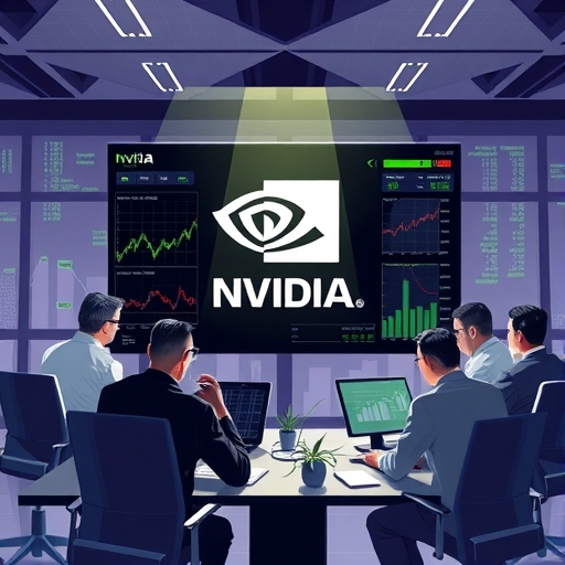 金融分析師群組在現代辦公室合作，圍繞大型螢幕顯示股票分析圖表，聚焦Nvidia標誌代表<a href=