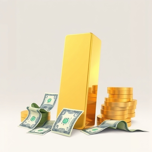 大型金條堅立而周圍紙幣縮小的插圖，代表貶值交易