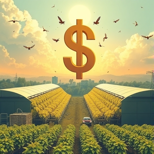 大型昆蟲養殖設施上方龐大美元符號開始崩裂，象徵夢想崩潰的插圖