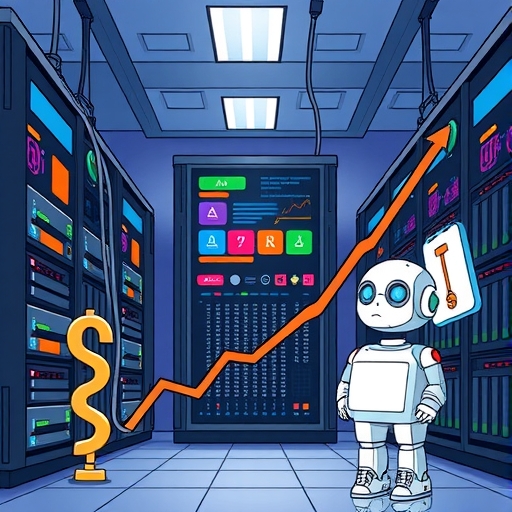 大型語言模型伺服器室內昂貴設備與上升成本圖表，旁邊有競爭對手 AI 圖示代表市場壓力