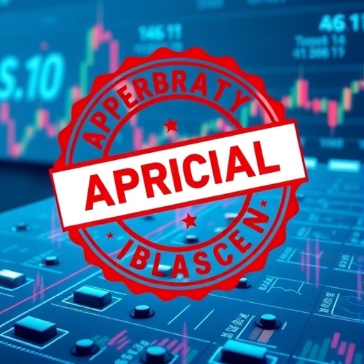 官方批准印章蓋在區塊鏈帳本上的插圖,背景有股票市場圖表吸引機構投資者