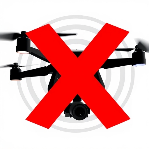 大型紅色X標記覆蓋無人機輪廓的插圖,背景有FCC標誌,象徵市場排除與監管行動