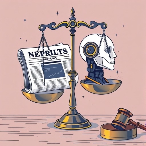 法律天平平衡報紙與AI機器人頭部，旁邊有法槌，象徵全球媒體巨頭起訴AI搜尋引擎的版權爭議、內容竊取與收入損失，以及法律邊界的重劃