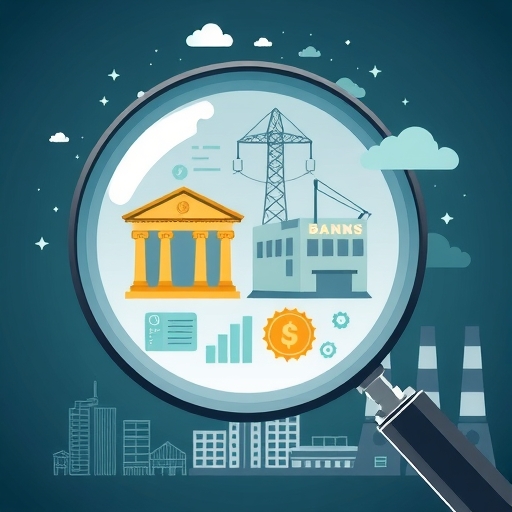 放大鏡突顯銀行、電廠和工業工廠等產業圖示,代表高股息股票的不同領域,分析師仔細審視公司報告和財務報表