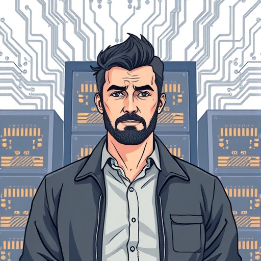 一位表情堅定的男子站在複雜資料伺服器與自訂AI晶片如TPU前，象徵硬體基礎設施開發的領導力