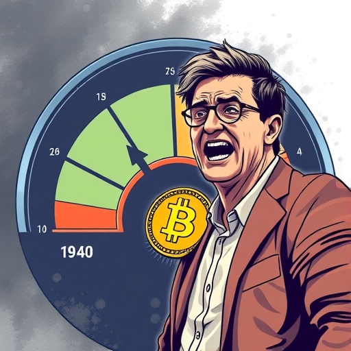 An illustration of a market sentiment meter showing extreme fear with a determined investor Michael Saylor confidently buying bitcoin representing his contrarian strategy of finding opportunities in market downturns