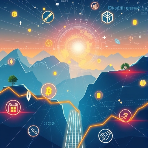 現代金融景觀插圖,數位線條連接傳統市場與區塊鏈圖示,代表穩定幣與代幣化資產,開啟新投資機會之門