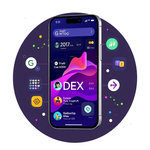現代智慧型手機顯示超級應用介面插圖，整合加密通訊、交易和跨鏈 DEX，象徵 Gleec 生態系統的全面平台野心