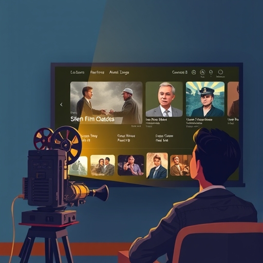 現代串流介面呈現默片經典與早期有聲電影，搭配歷史註解與導演訪談，一位觀眾專注觀賞