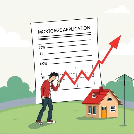 房貸申請表下降貸款成數與上升利率圖示,購屋者沮喪表情