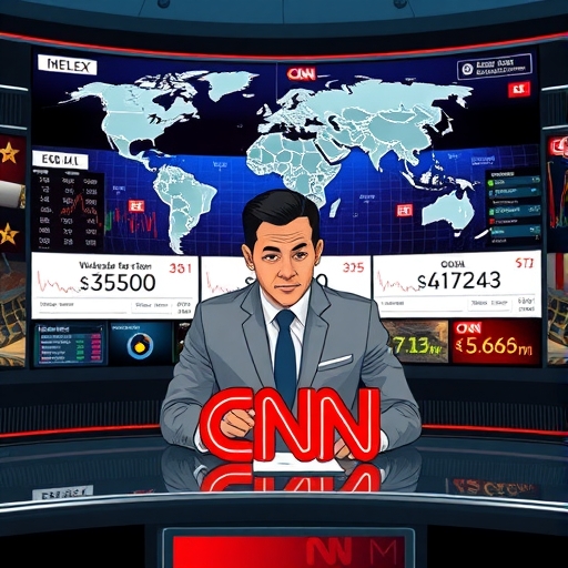 新聞主播在螢幕前顯示即時預測市場數據與全球事件，CNN 與 Kalshi 合作插圖