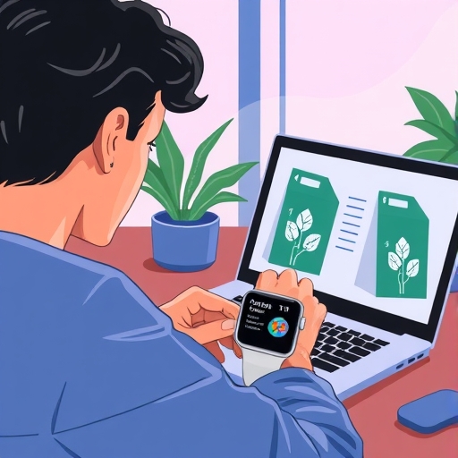 一位專注於筆電前的工作者,手腕上的Apple Watch顯示簡易任務清單或成長中的森林圖示,周圍環境寧靜有序,減少數位干擾